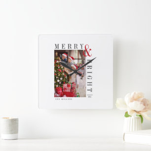 Family Christmas Photo Card Modern Script Holiday Square Wall Clock