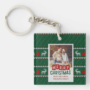 Family Christmas Photo Card with Knitted Sweater Key Ring