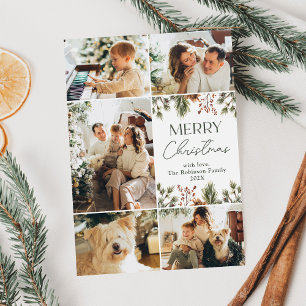 Family Christmas Photo Collage Green Holiday Card