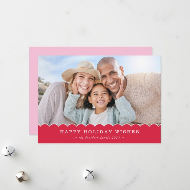 FAMILY CHRISTMAS PHOTO cute fun scallop red pink Holiday Card (Front/Back In Situ)