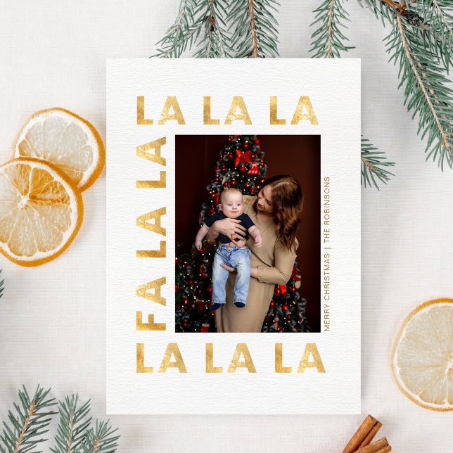 Family Christmas Photo Fa la la Gold White Script Holiday Card (Creator Uploaded)