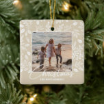 Family Christmas Photo Ivory Ceramic Ornament<br><div class="desc">Your favourite photo on white leaves, berries and dots on ANY COLOR background (we show ivory), this personalised Christmas ornament makes a memorable gift for family and friends or create for yourself - great party favours, too! TIP: Upload a high resolution, photo cropped to square shape. MORE colours and designs...</div>