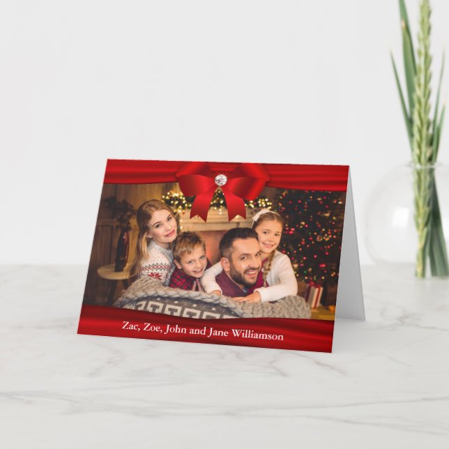 Family Christmas Photo Red Ribbon Diamond Bow Holiday Card (Front)