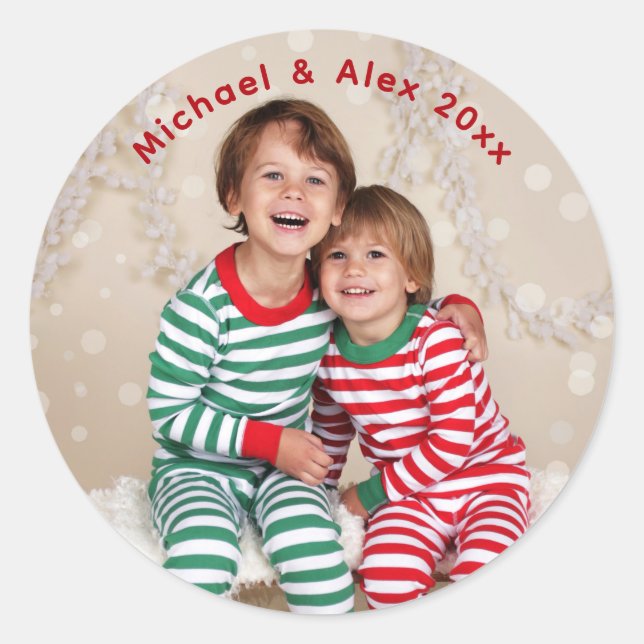 Family Christmas Photo Stickers, Glossy Classic Round Sticker (Front)