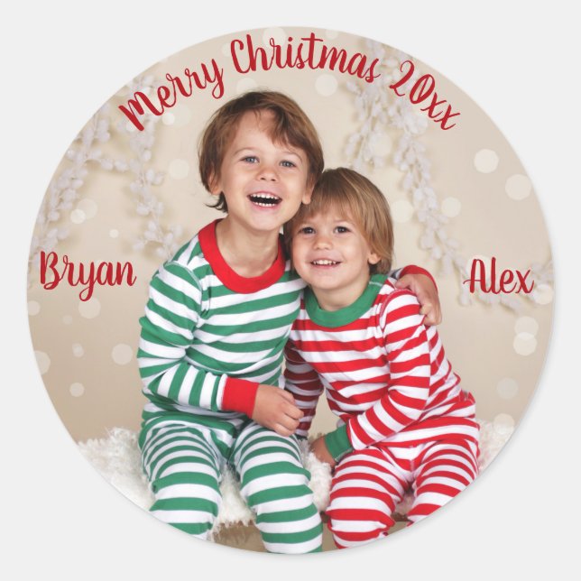 Family Christmas Photo Stickers, Glossy Classic Round Sticker (Front)
