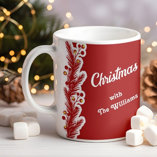 Family Christmas | Pine Border Modern Family Name Coffee Mug (Creator Uploaded)