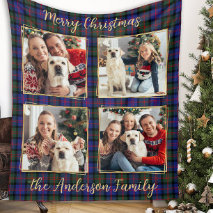 Family Christmas Plaid Custom 4 Gold Photo Collage Fleece Blanket