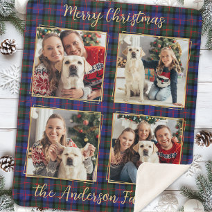 Family Christmas Plaid Custom 4 Gold Photo Collage Sherpa Blanket