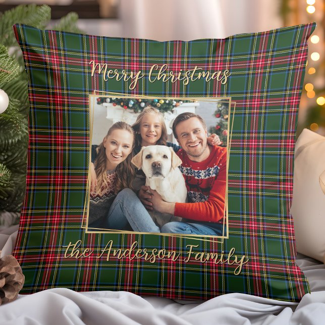 Family Christmas Plaid Custom Gold Modern Photo Cushion (Creator Uploaded)