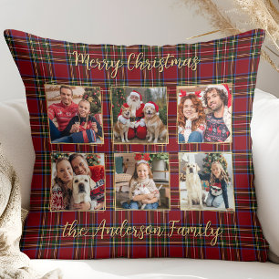 Family Christmas Plaid Gold Custom 6 Photo Collage Cushion