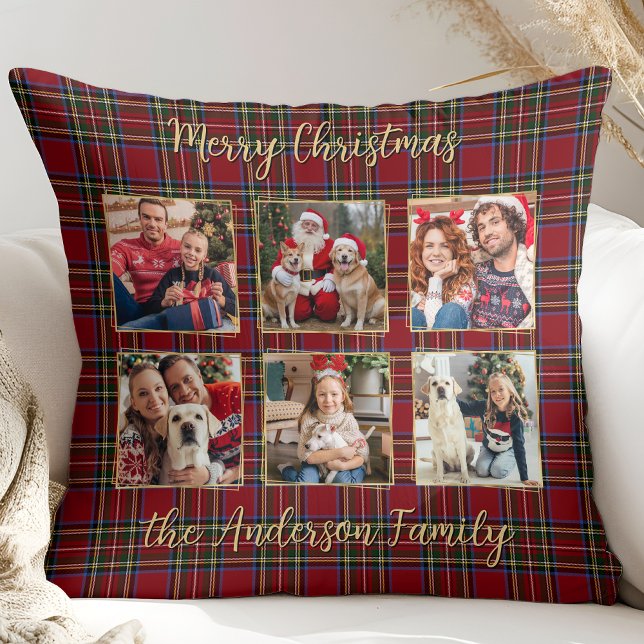 Family Christmas Plaid Gold Custom 6 Photo Collage Cushion (Creator Uploaded)