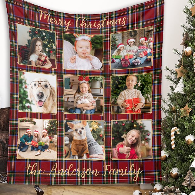 Family Christmas Plaid Gold Custom Photo Collage Fleece Blanket (Creator Uploaded)