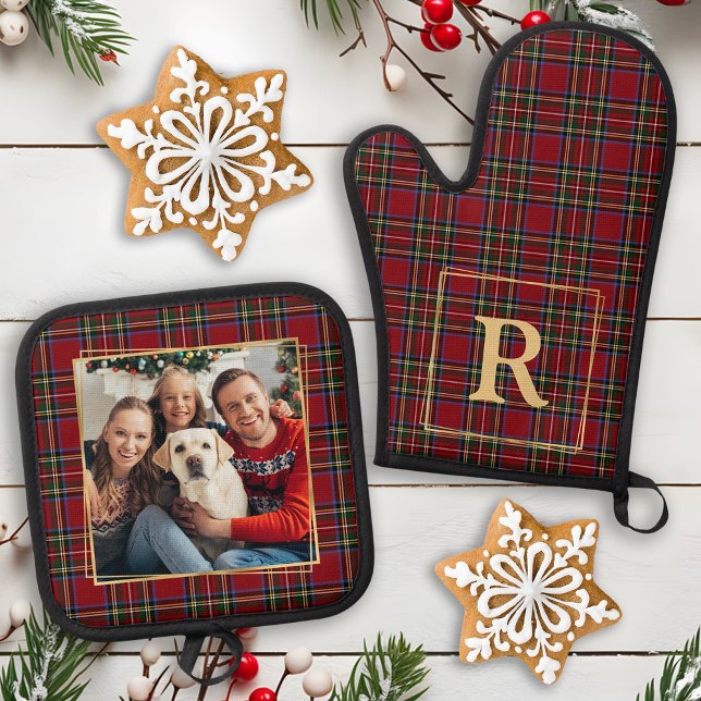 Family Christmas Plaid Gold Personalised Photo Oven Mitt & Pot Holder Set (Creator Uploaded)