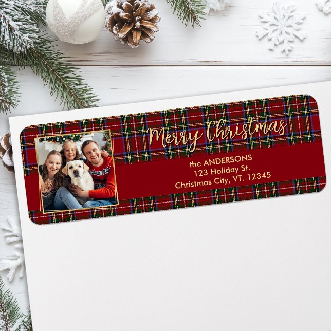 Family Christmas Plaid Gold Photo Return Address Label (Creator Uploaded)