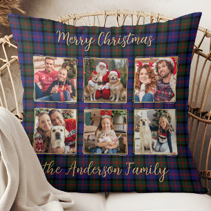 Family Christmas Plaid Personalised Photo Collage Cushion