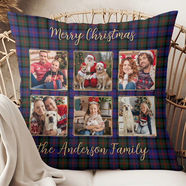 Family Christmas Plaid Personalised Photo Collage Cushion (Creator Uploaded)