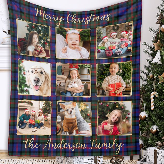 Family Christmas Plaid Personalised Photo Collage Fleece Blanket (Creator Uploaded)