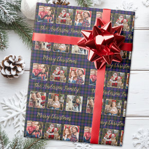 Family Christmas Plaid Personalised Photo Collage Wrapping Paper