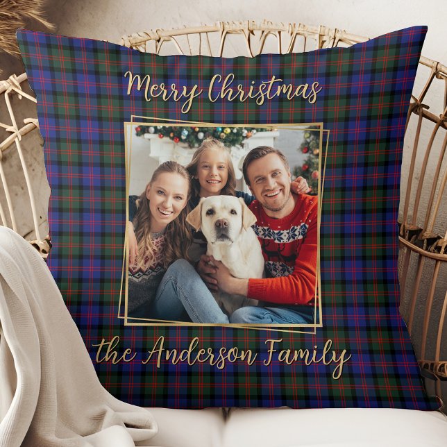 Family Christmas Plaid Personalised Simple 2 Photo Cushion (Creator Uploaded)