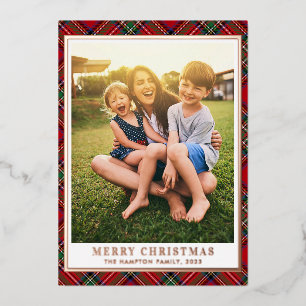 Family Christmas Plaid Photo Stewart Tartan Silver Foil Holiday Card