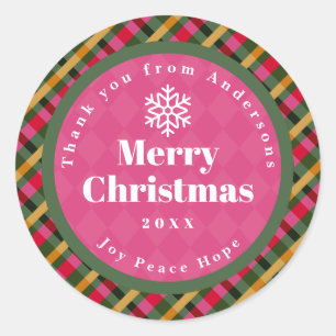 Family Christmas Plaid Thank You Red Classic Round Sticker