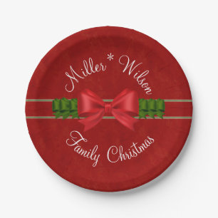 Family Christmas Red and Green Bows Paper Plate
