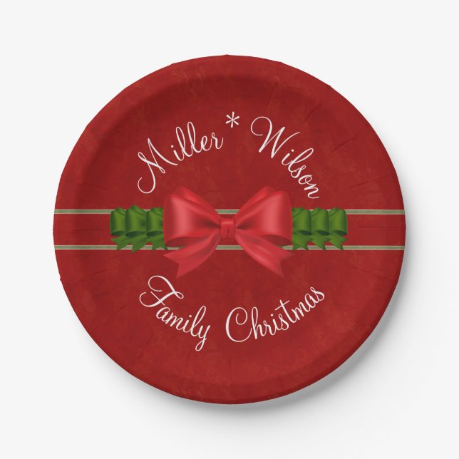 Family Christmas Red and Green Bows Paper Plate (Front)
