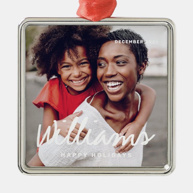 Family Christmas Simple Happy Holiday Custom Photo Metal Ornament (Front)