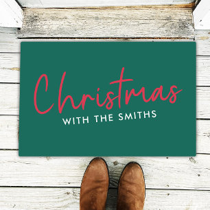 Family Christmas   Stylish Trendy Forest Green Doormat