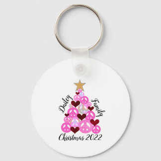 Family Christmas Tie Dyed Peace Sign Tree Pink Key Ring