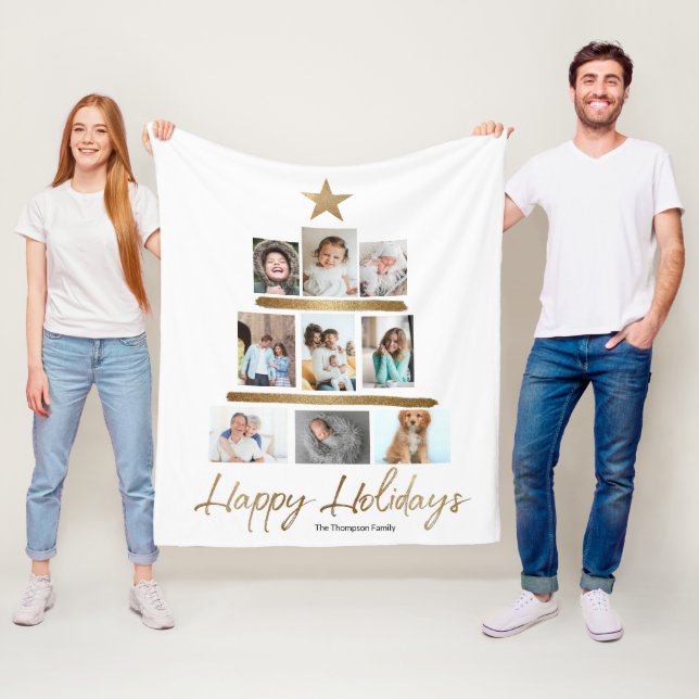 Family Christmas tree gold star photo Collage  Fleece Blanket (In Situ)