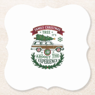 Family Christmas Tree Station Wagon Pine Wreath Paper Coaster
