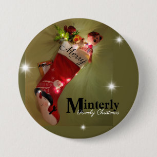 Family christmas twinkling stocking 7.5 cm round badge