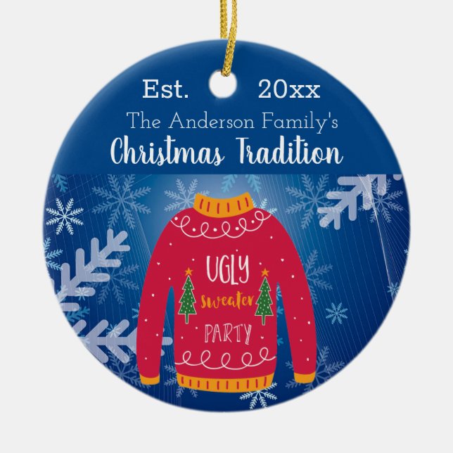 Family Christmas ugly sweater red blue monogram Ceramic Ornament (Front)