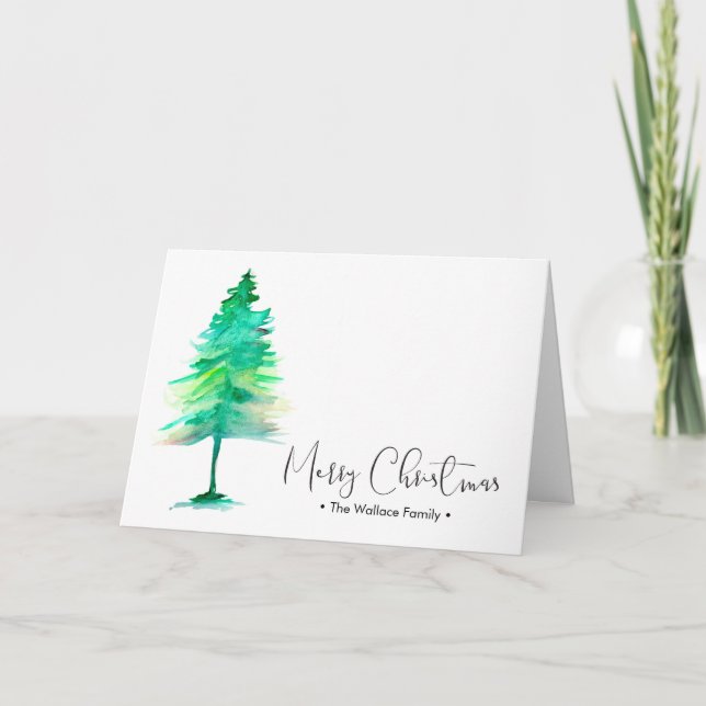 Family Christmas Watercolor Pinetree, Personalised Holiday Card (Front)