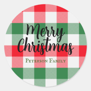 Family Christmas White Green and Red Buffalo Plaid Classic Round Sticker