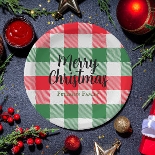 Family Christmas White Green and Red Buffalo Plaid Paper Plate