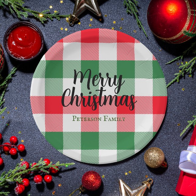 Family Christmas White Green and Red Buffalo Plaid Paper Plate (Creator Uploaded)
