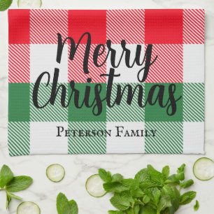 Family Christmas White Green and Red Buffalo Plaid Tea Towel