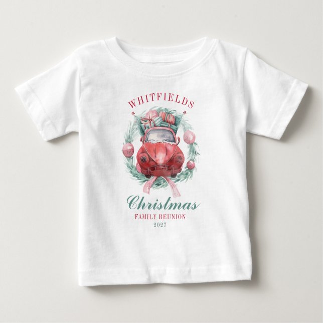 Family Christmas Wreath Red Car Matching Holiday Baby T-Shirt (Front)