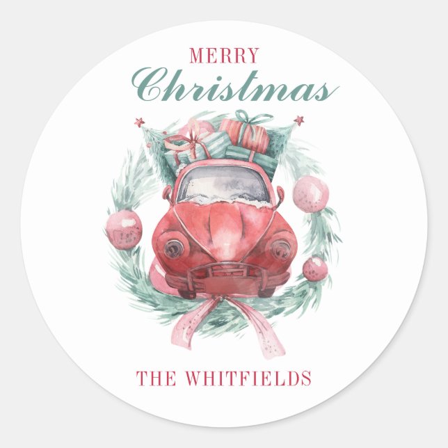 Family Christmas Wreath Red Car Matching Holiday Classic Round Sticker (Front)