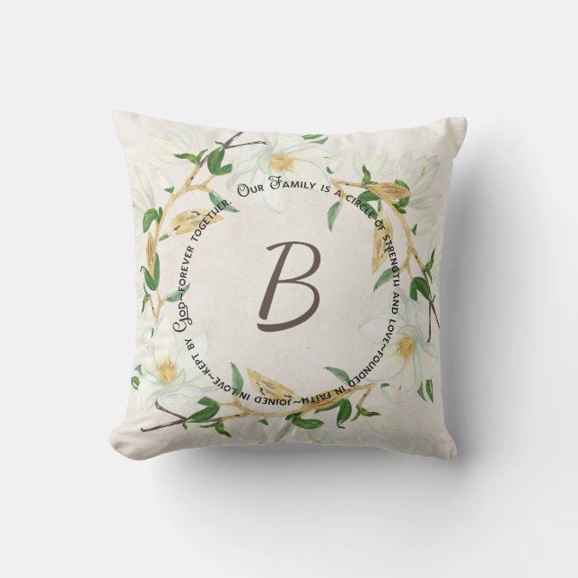 Family Circle quote and wreath with monogram Cushion (Front)