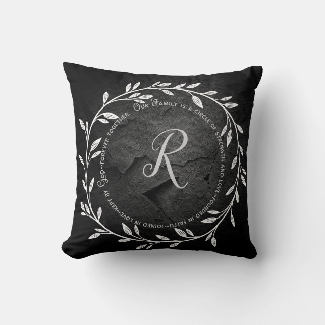 Family Circle Quote on black rock with monogram Cushion (Front)