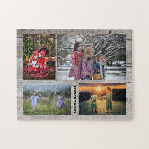 Family collage 4 photos on barn wood monogram name jigsaw puzzle