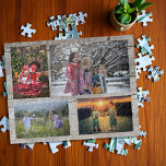 Family collage 4 photos on rustic faux wood jigsaw puzzle<br><div class="desc">Family photo collage jigsaw puzzle
You can personalize it and add your most beautiful photos. Great fun !</div>