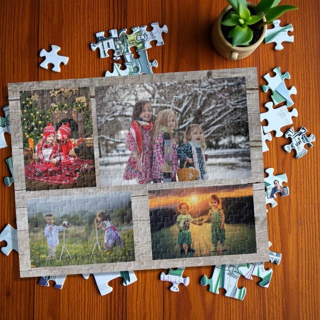 Family collage 4 photos on rustic faux wood jigsaw puzzle (Family collage 4 photos on rustic wood jigsaw puzzle. Very unique family puzzle, great fun !)