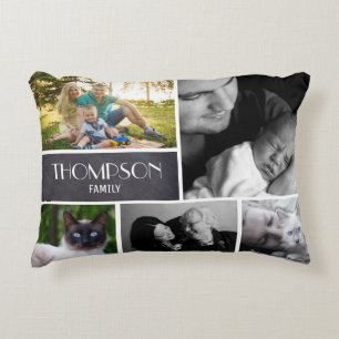 Family Collage 5 Photos, Personalised, chalked Decorative Cushion