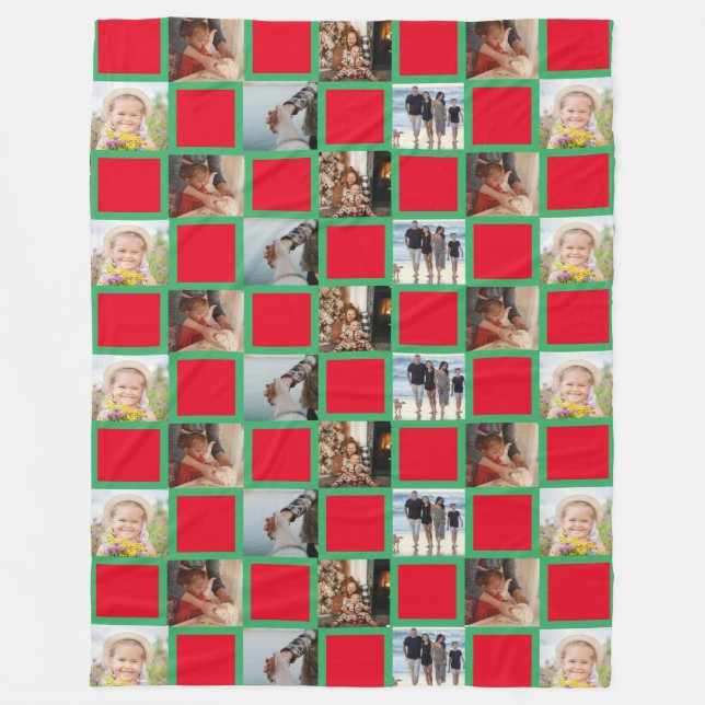 Family Collage Photo Pattern Red and Green Fleece Blanket (Front)
