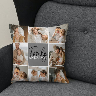Family Collage Photo & Personalised Grey Gift Cushion