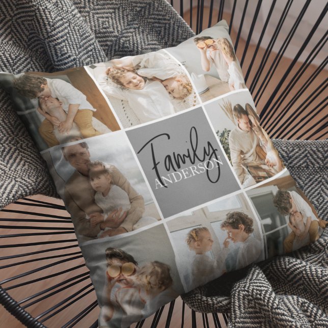 Family Collage Photo & Personalised Grey Gift Cushion (Creator Uploaded)